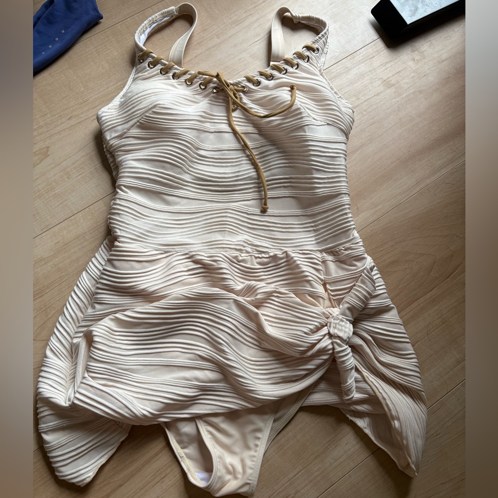 Cream Textured Swimsuit with Gold Accents